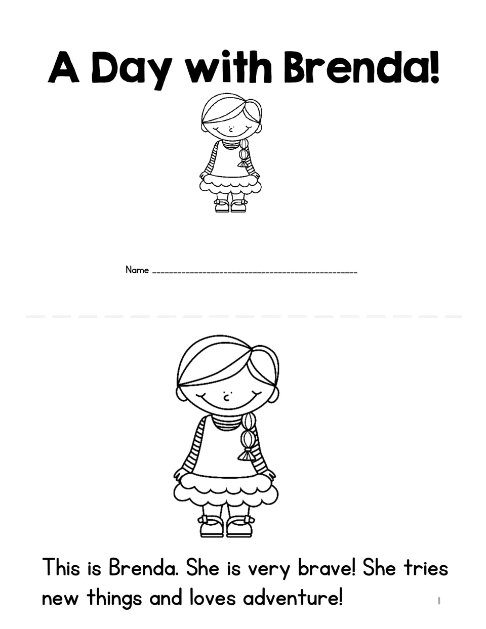 Brenda mini book cover and story page 1 introduce a brave girl who tries new things and loves adventure.