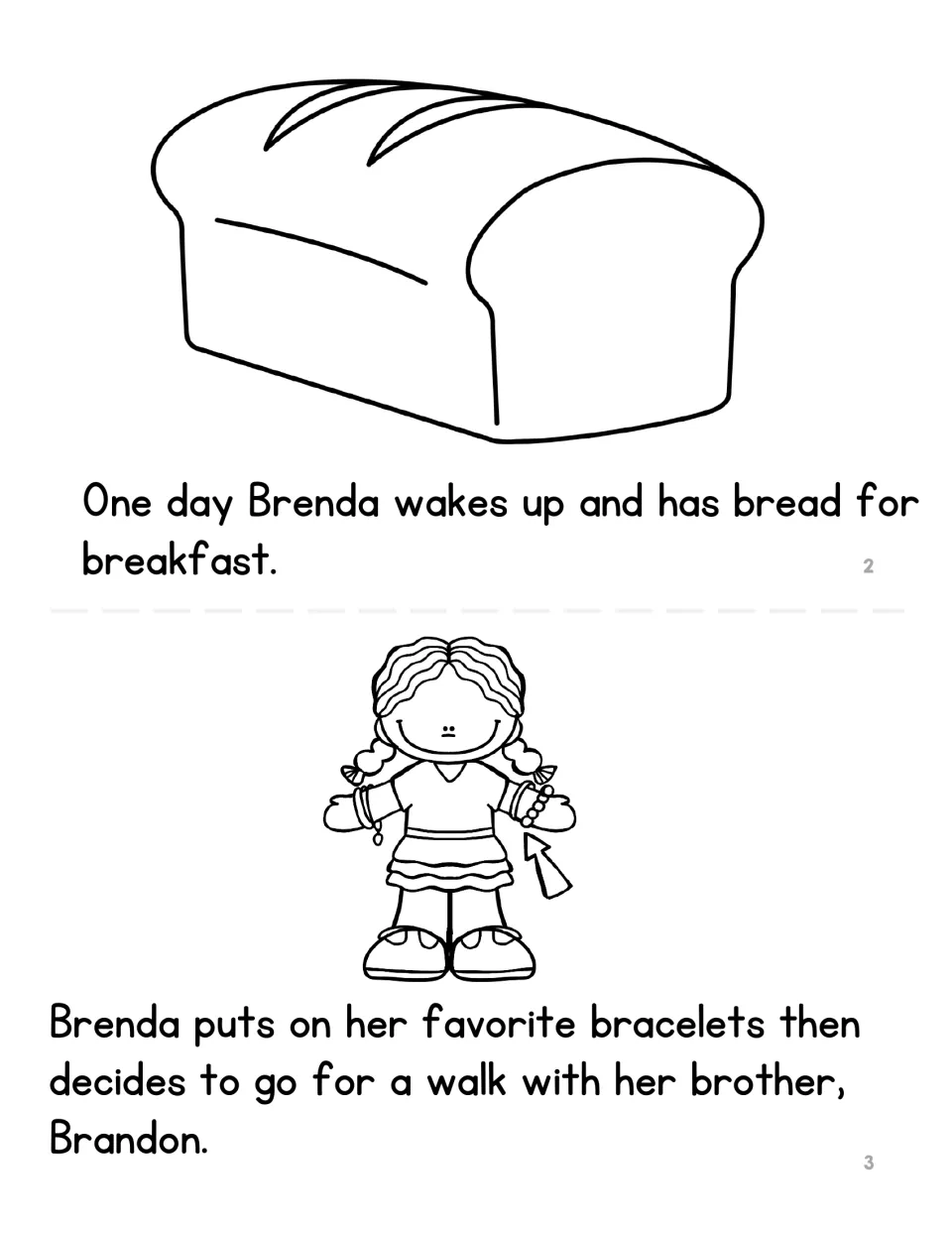 Brenda mini book pages 2–3: she eats bread for breakfast, puts on bracelets, and walks with her brother Brandon.