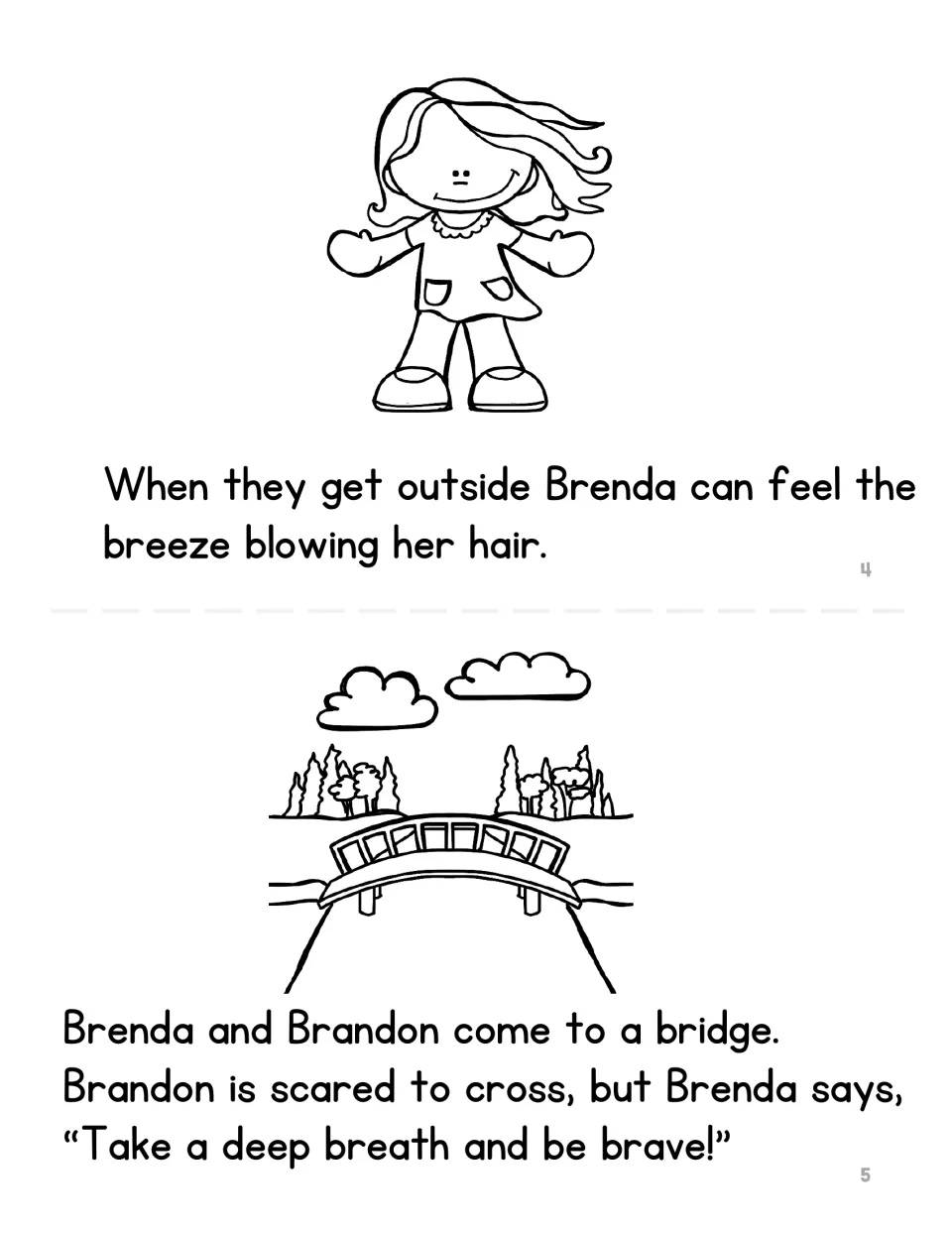 Brenda mini book pages 4–5: she feels a breeze and tells Brandon to take a deep breath and bravely cross a bridge.