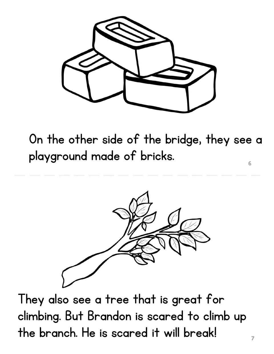 Brenda mini book pages 6–7: the children find a brick playground, and Brandon fears a tree branch will break.