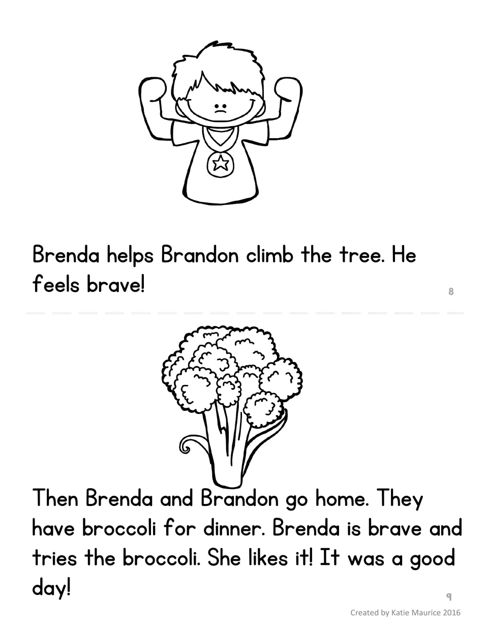 Brenda mini book pages 8–9: she helps Brandon climb a tree, then tries broccoli at dinner and likes it.