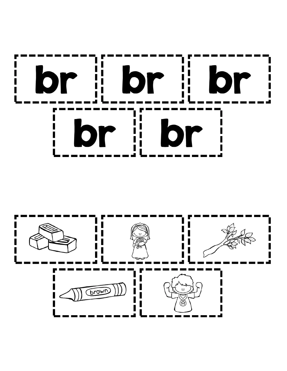Cutouts for the br building activity: five br pieces and pictures for brick, bride, branch, brown, and brave.