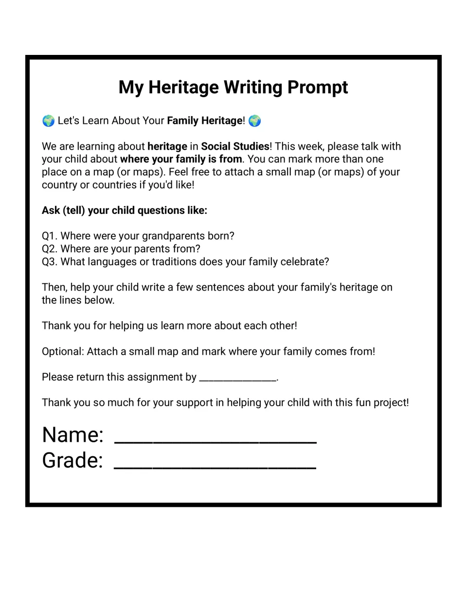Family heritage home letter: families discuss where grandparents and parents are from, then help the child write sentences