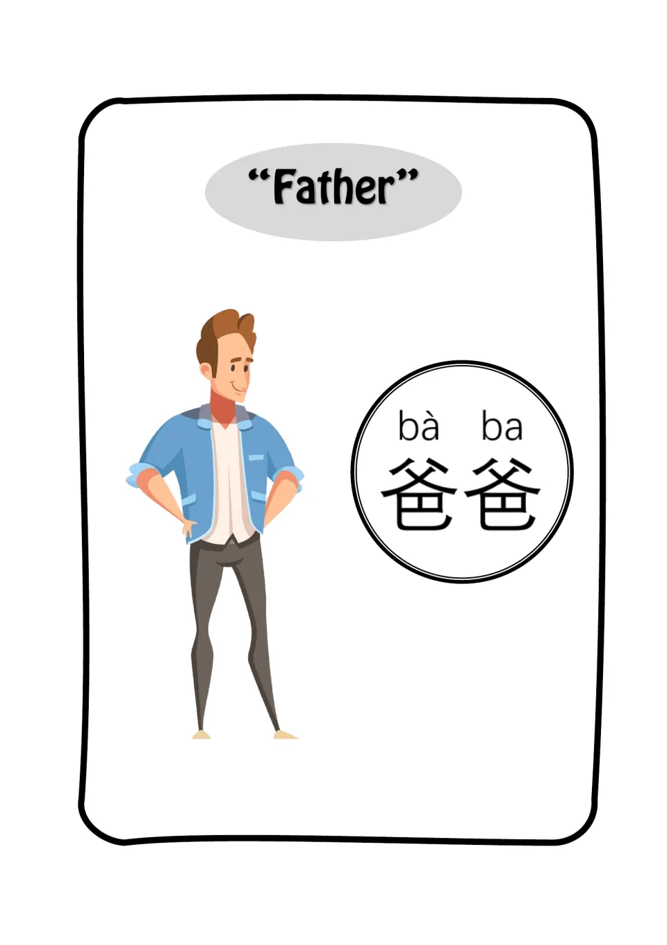 Father flashcard: a smiling man in a blue jacket beside the Chinese word 爸爸 with pinyin bà ba for vocabulary practice