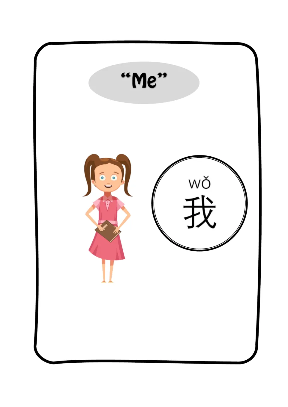 Me flashcard: a girl holding a book beside the Chinese character 我 with pinyin wǒ for talking about oneself
