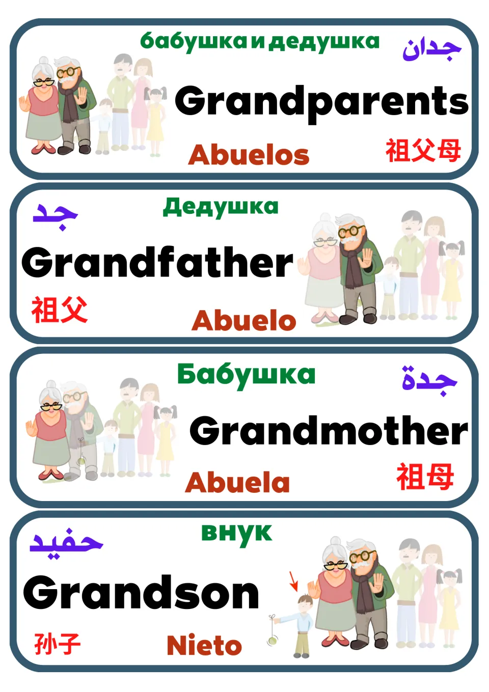 Grandparents, grandfather, grandmother and grandson cards, each word in English, Russian, Arabic, Chinese and Spanish