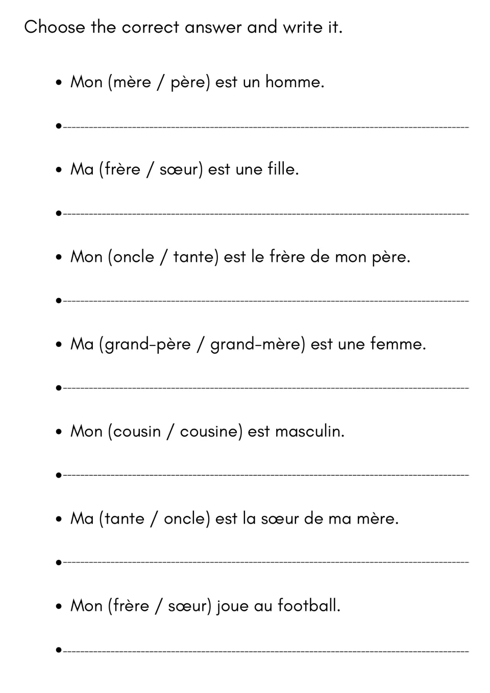 French family vocabulary choice: students pick mère or père, oncle or tante and similar pairs, then write the answer