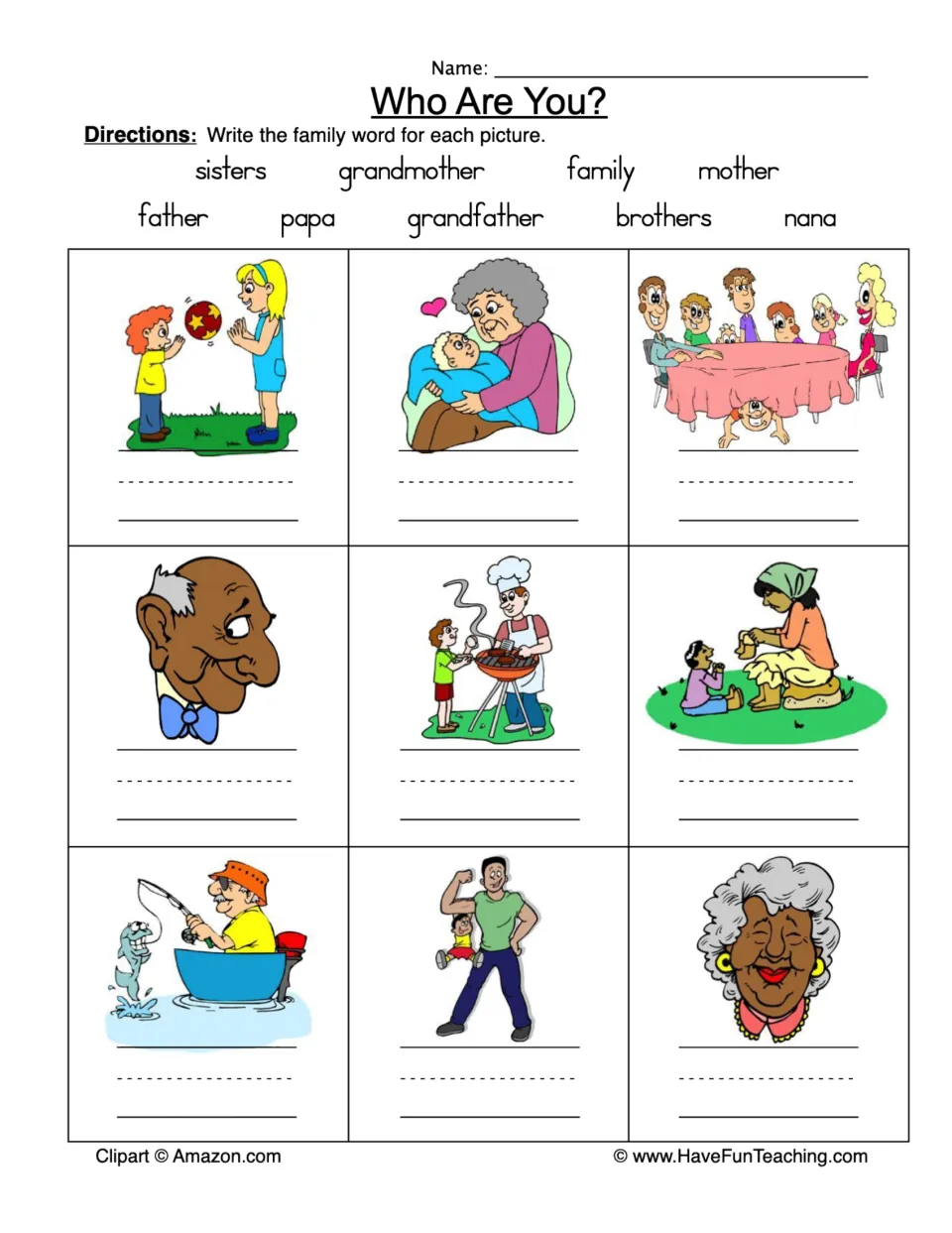 Family vocabulary worksheet: nine pictures to label using words such as sisters, grandmother, and father.