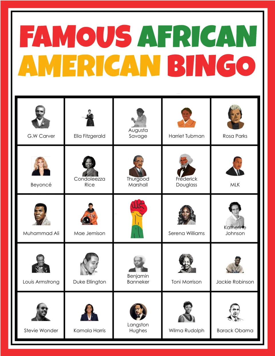 Black history bingo card 1: students mark portraits of figures like G.W Carver, Ella Fitzgerald and Rosa Parks as called