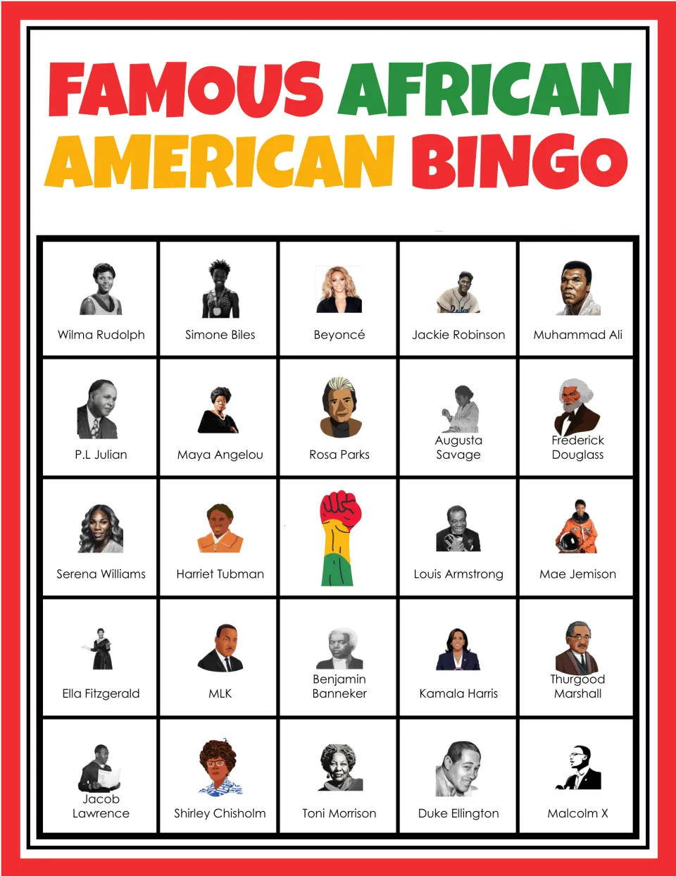 Black history bingo card 2: students cover figures called, from Wilma Rudolph and Simone Biles to Malcolm X