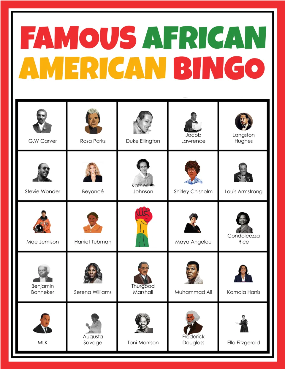Black history bingo card 3: students hear names like Duke Ellington, Jacob Lawrence and Langston Hughes and mark them