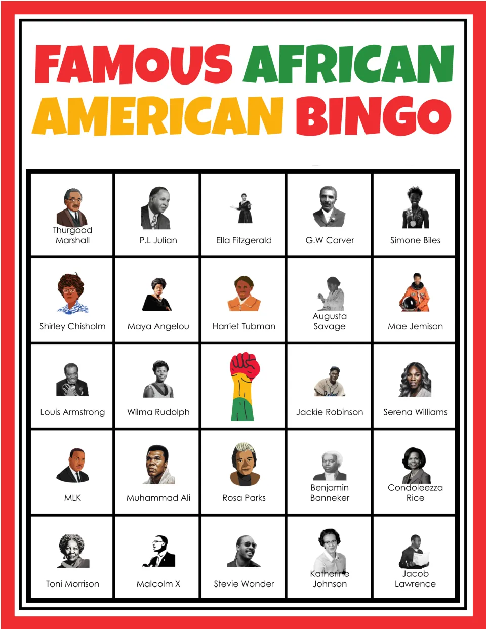 Black history bingo card 4: students mark figures, with Thurgood Marshall, P.L Julian and Simone Biles in the top row