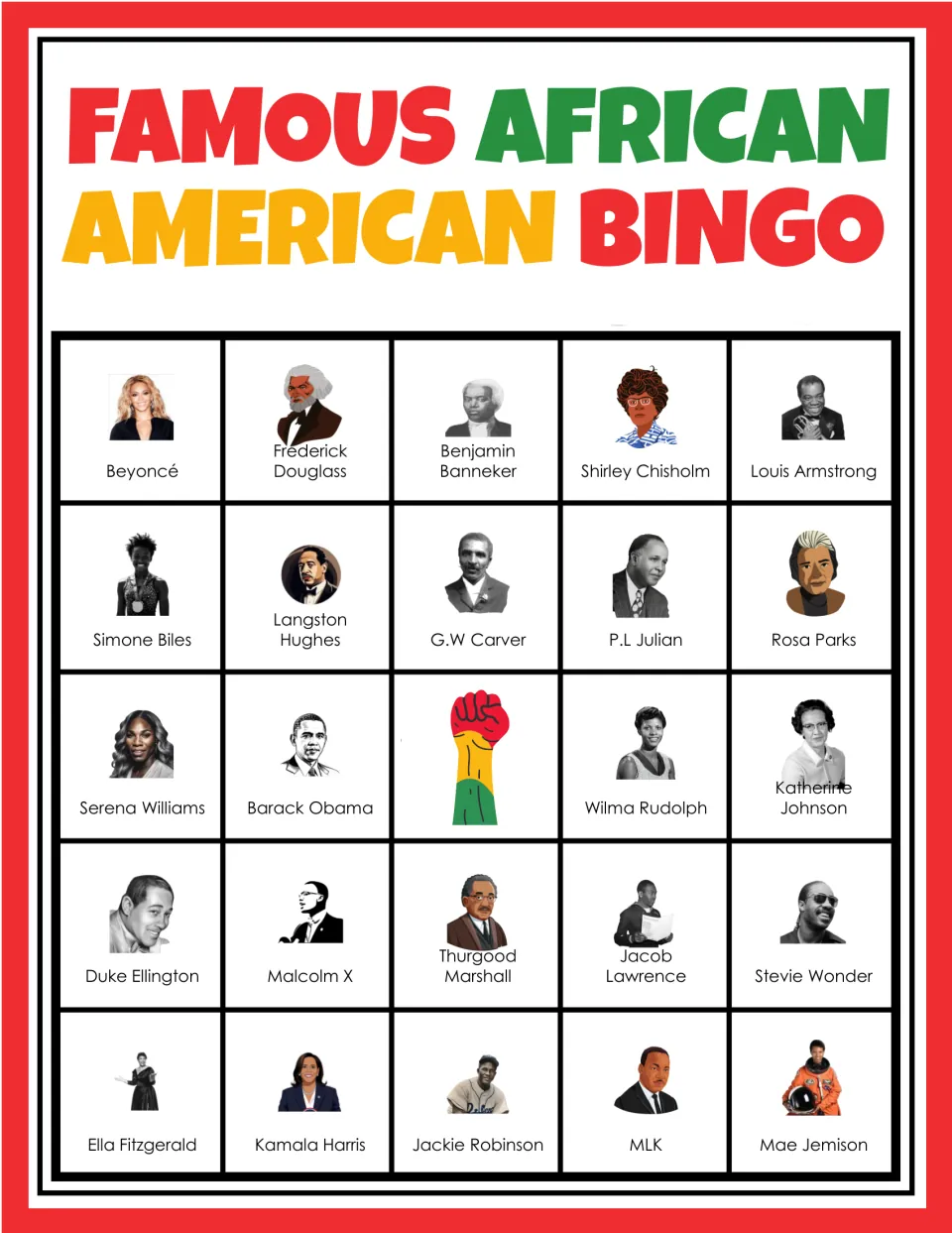 Black history bingo card 5: students match names to portraits such as Beyoncé, Frederick Douglass and Benjamin Banneker