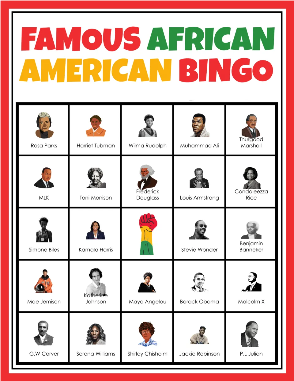 Black history bingo card 6: students cover portraits of Rosa Parks, Harriet Tubman and others as names are read