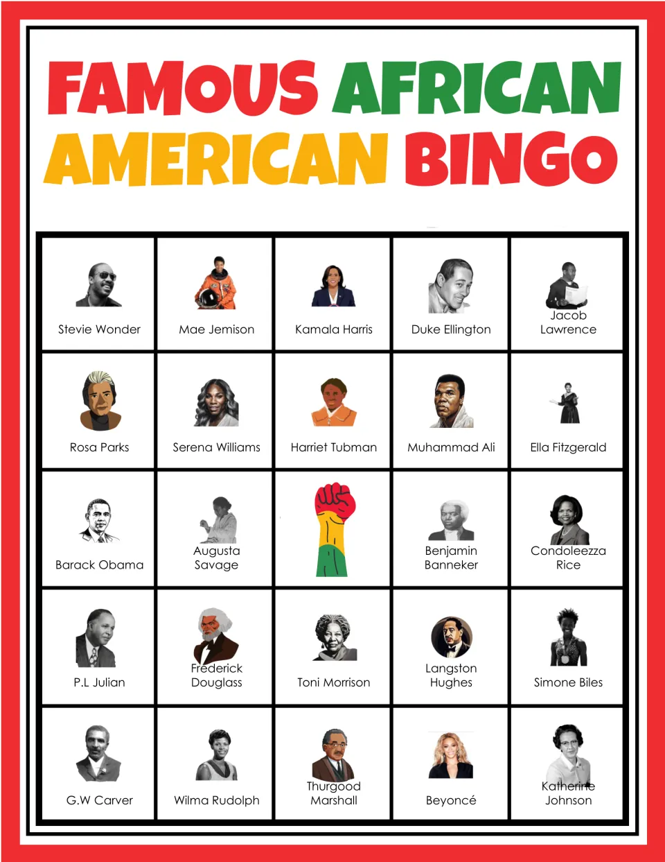 Black history bingo card 7: students mark leaders, artists and athletes such as Stevie Wonder and Mae Jemison