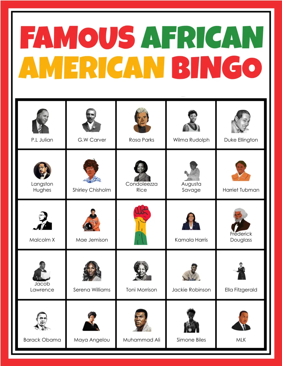 Black history bingo card 8: students find each called figure, with P.L Julian, G.W Carver and Rosa Parks in the first row