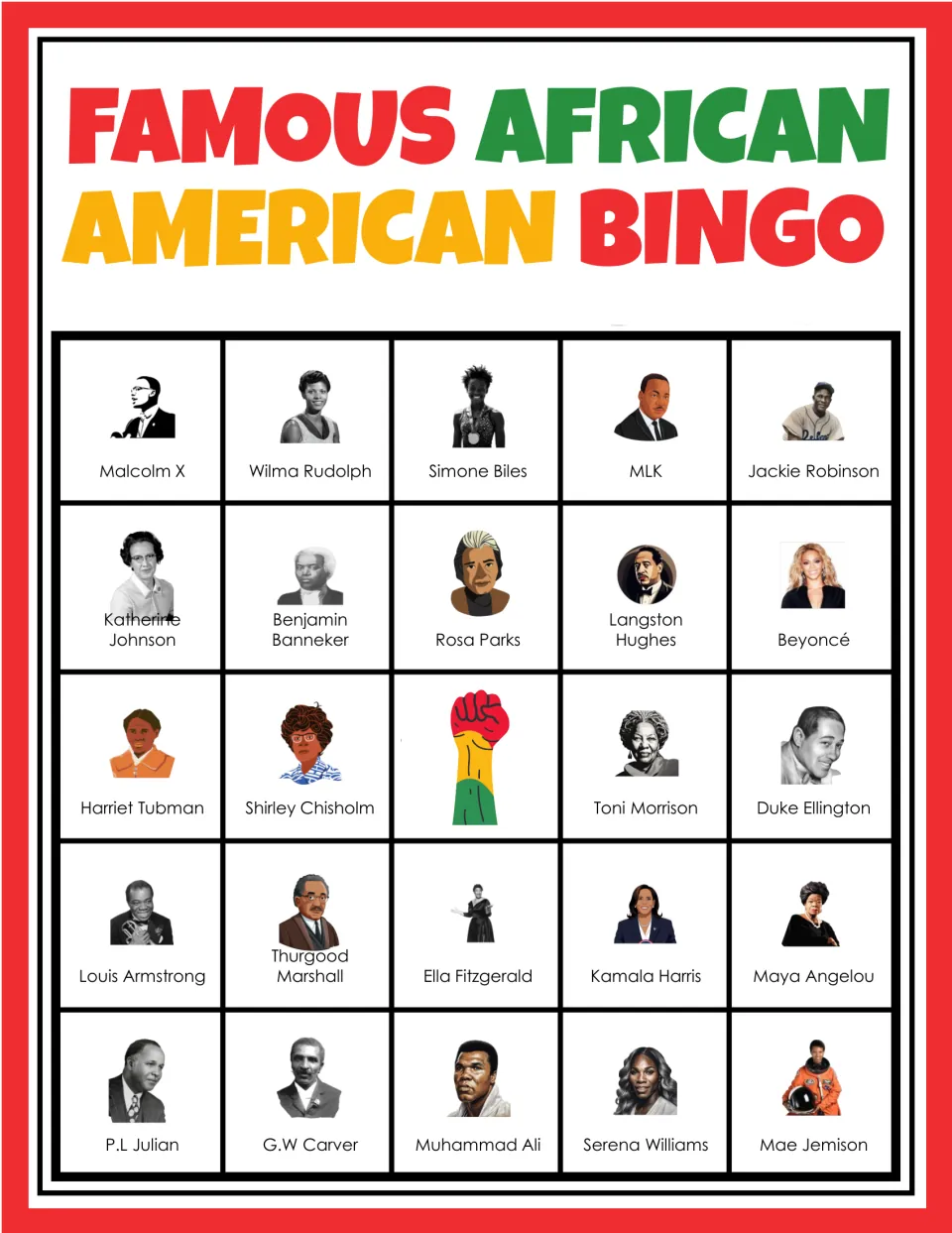 Black history bingo card 9: students mark each called portrait, with Malcolm X, Wilma Rudolph and Simone Biles up top