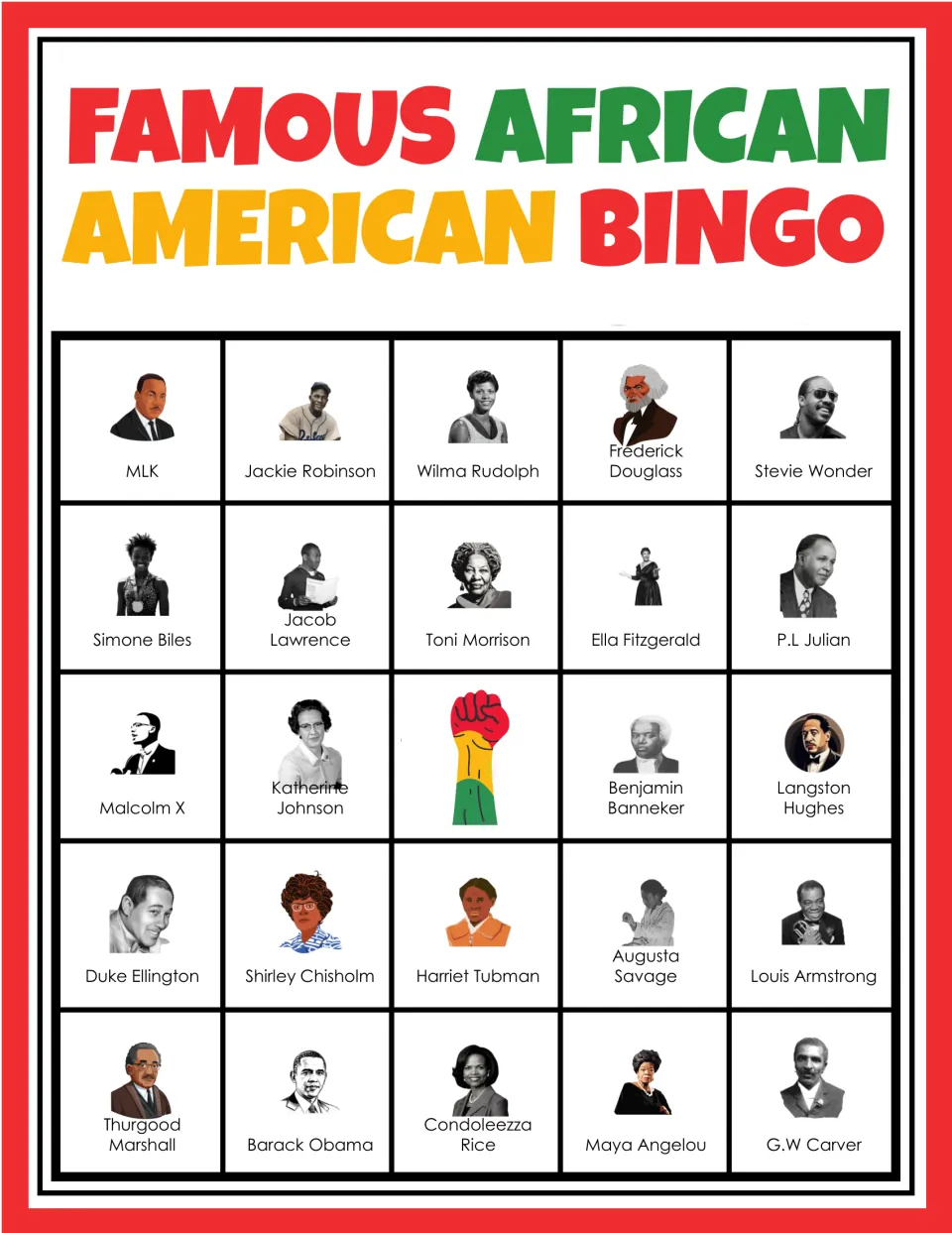 Black history bingo card 10: students cover portraits called, from MLK and Jackie Robinson to G.W Carver