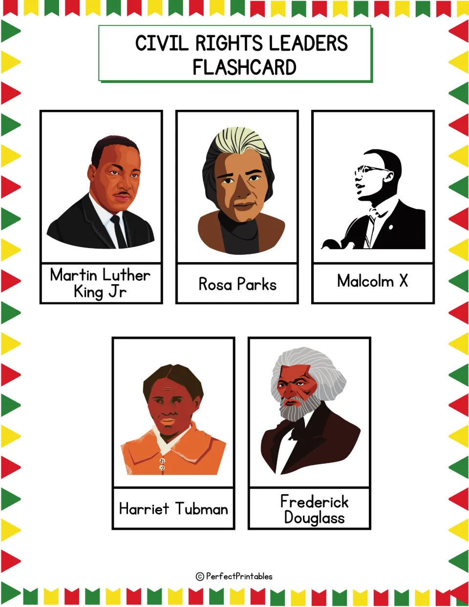 Civil rights leaders flashcards: Martin Luther King Jr, Rosa Parks, Malcolm X, Harriet Tubman, Frederick Douglass