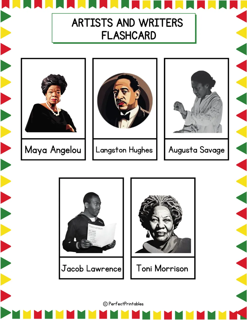 Artists and writers flashcards: Maya Angelou, Langston Hughes, Augusta Savage, Jacob Lawrence, Toni Morrison