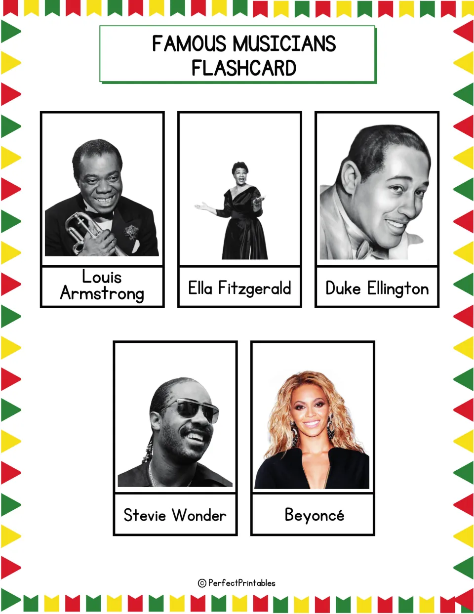 Famous musicians flashcards: Louis Armstrong, Ella Fitzgerald, Duke Ellington, Stevie Wonder and Beyoncé