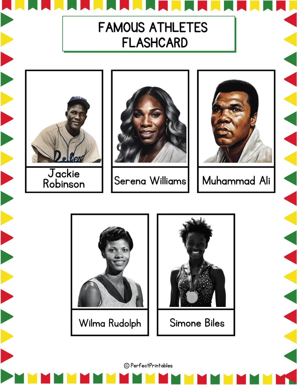 Famous athletes flashcards: Jackie Robinson, Serena Williams, Muhammad Ali, Wilma Rudolph and Simone Biles