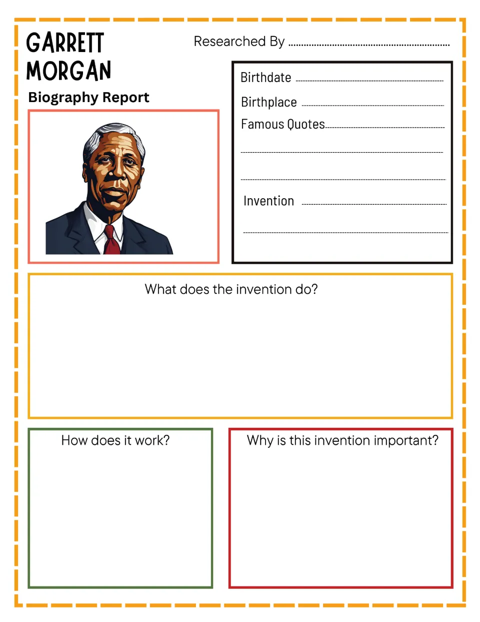 Garrett Morgan biography report: students record birthdate, birthplace, quotes and invention, then explain how it works