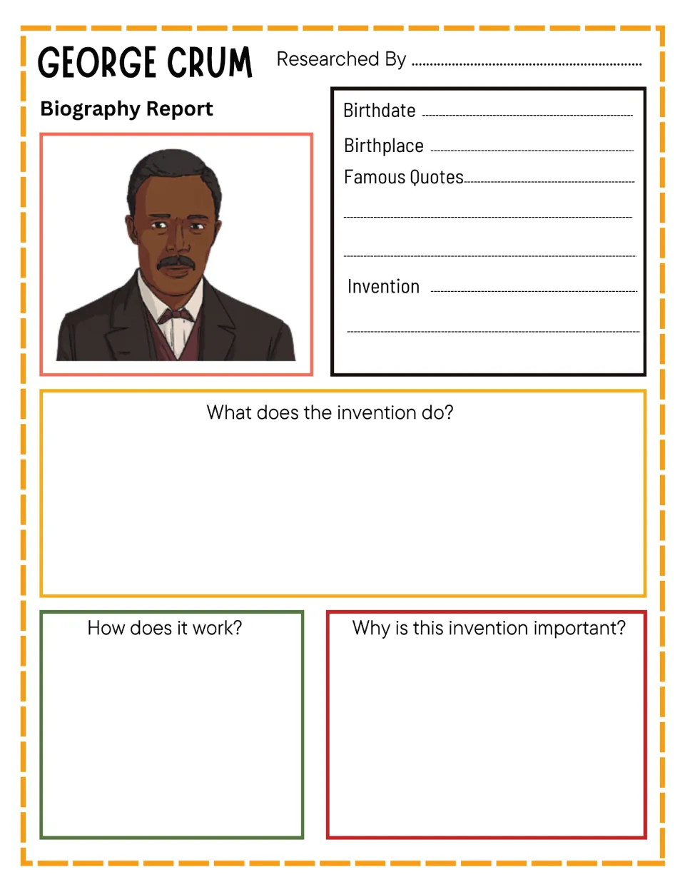 George Crum biography report: students record birthdate, birthplace, quotes and invention, then explain how it works