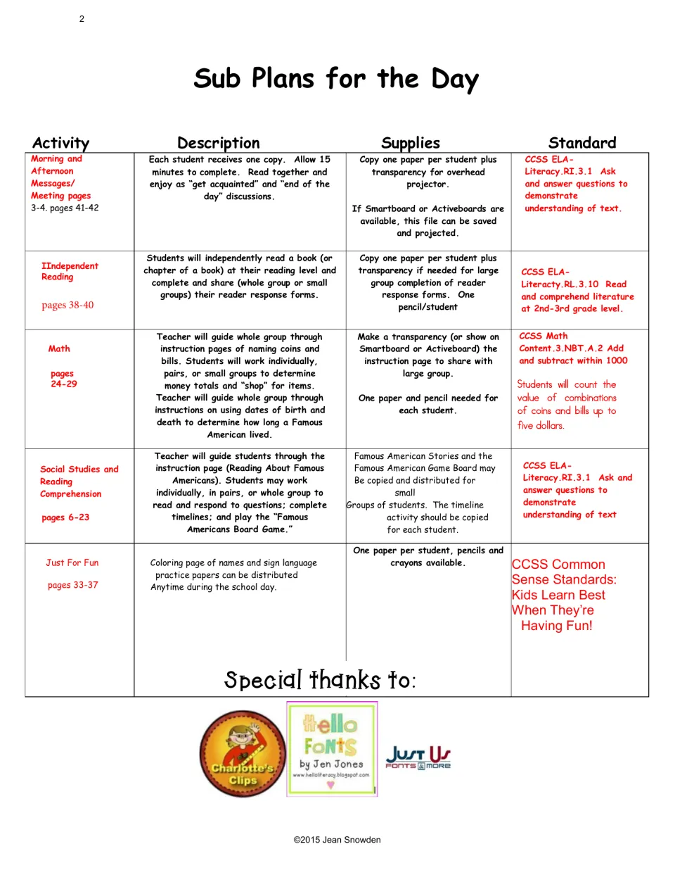 Sub Plans for the Day chart listing each activity, its supplies and Common Core standard, with page numbers