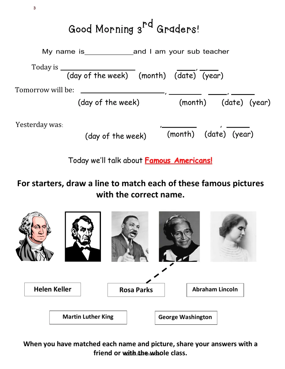 Good Morning 3rd Graders! message: fill in today's date, then match five portraits to names like Rosa Parks