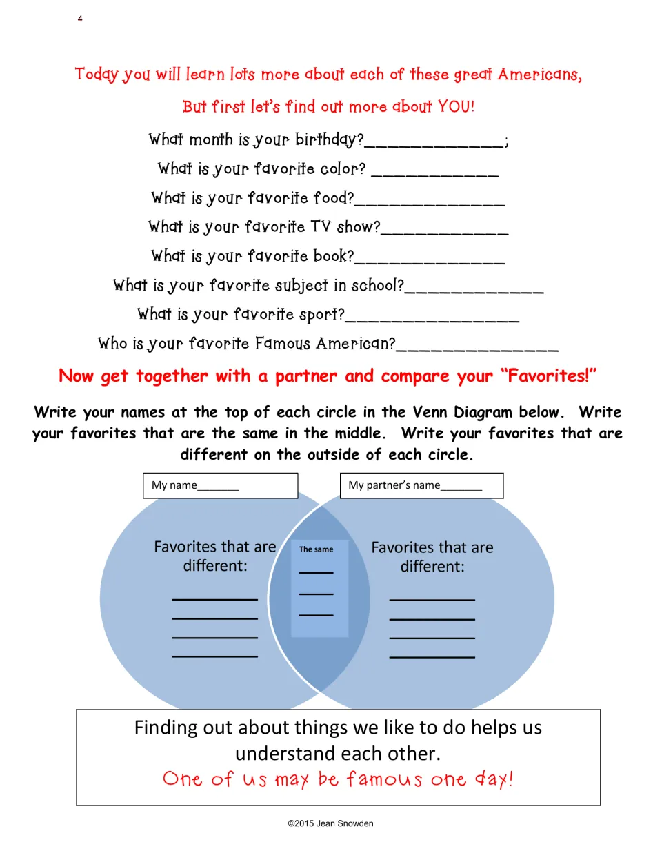 Morning message part 2: favorites questionnaire and Venn diagram to compare favorites with a partner