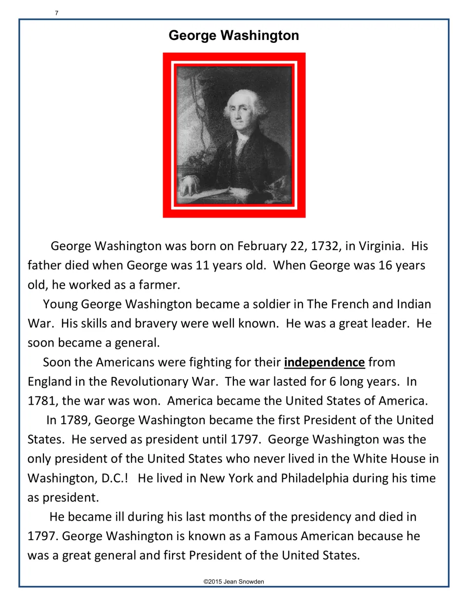 George Washington biography with portrait: born February 22, 1732, in Virginia, general, first U.S. President