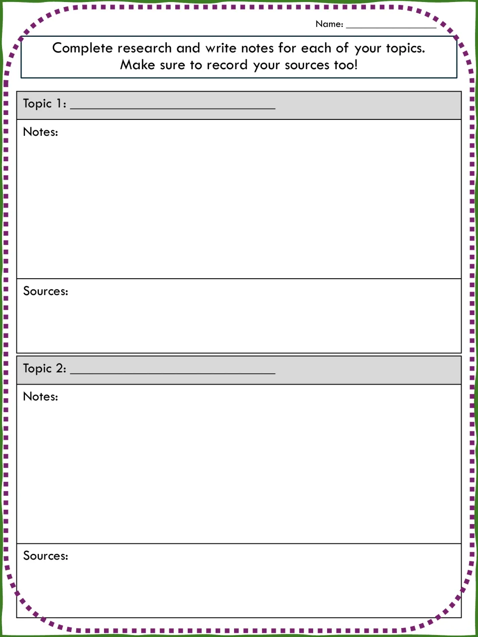 Research notes for topics 1 and 2: students take notes on their artist and record the sources they used for each topic