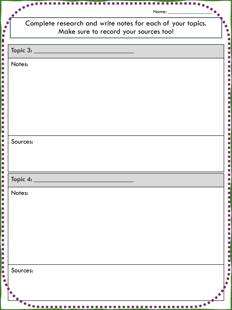 Research notes for topics 3 and 4: students write notes about the artist and list sources, practising source recording
