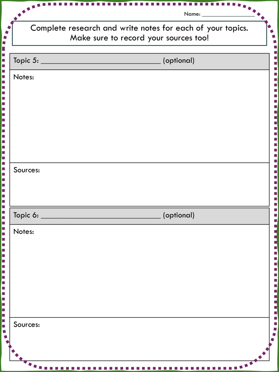 Optional research notes for topics 5 and 6: students add extra notes and sources about their artist beyond four topics
