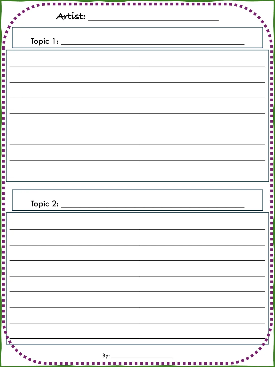 Paragraph writing for topics 1 and 2: students name their artist and draft a paragraph about each researched topic