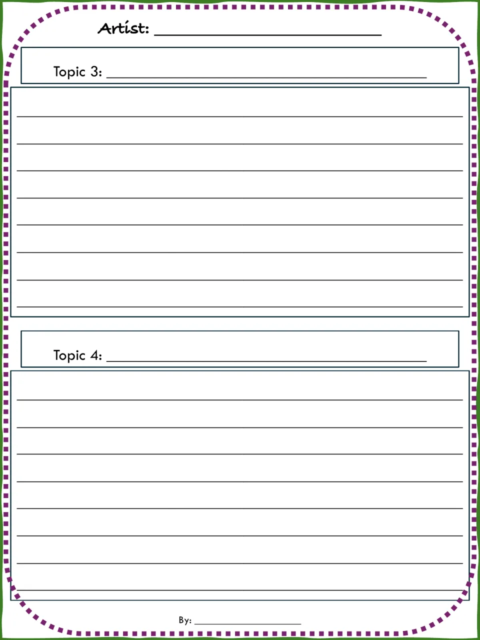 Paragraph writing for topics 3 and 4: students write organized paragraphs on two more topics about their artist
