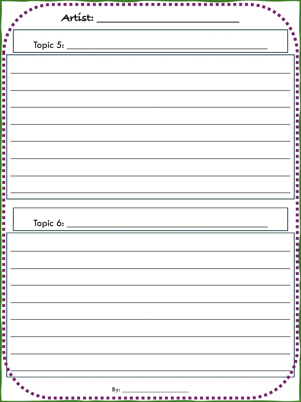 Optional paragraph writing for topics 5 and 6: students write extra paragraphs about their chosen artist