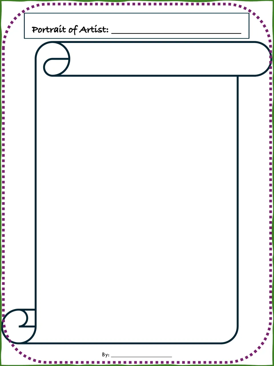 Portrait of Artist page: students write the artist's name and draw a portrait of them on a scroll