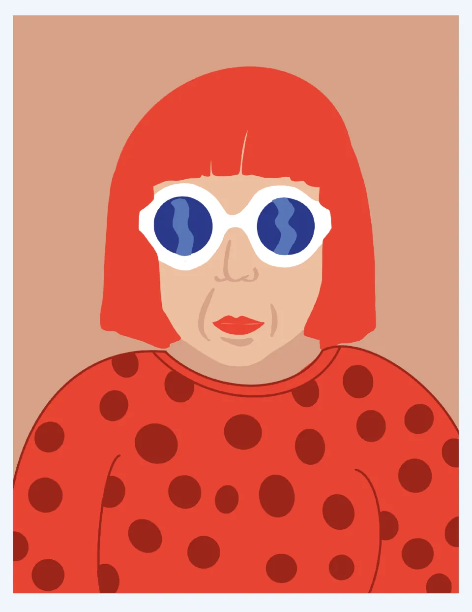 Artist poster for classroom display featuring a red-haired portrait with white sunglasses and a dotted top