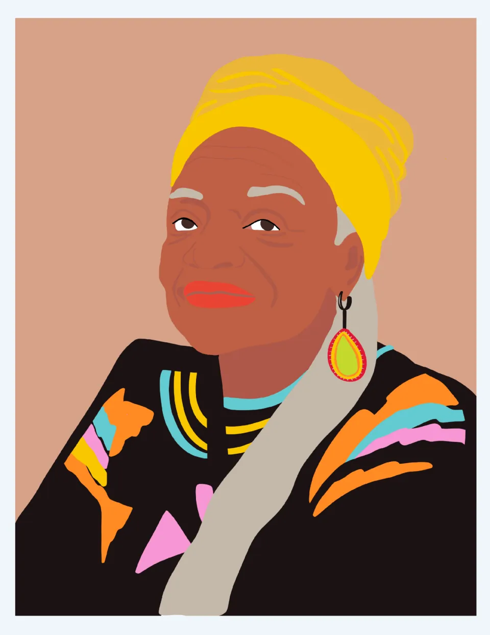 Artist poster for classroom display featuring a portrait with a yellow headwrap and colorful patterned top
