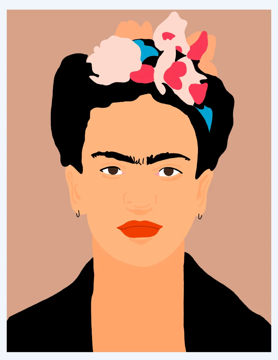 Artist poster for classroom display featuring a portrait with flowers in black hair and joined eyebrows