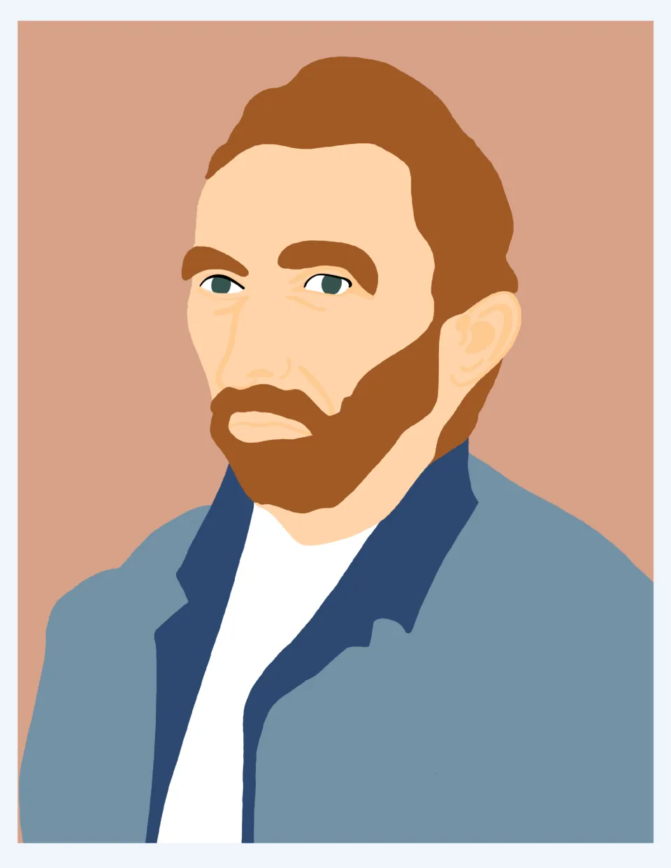 Artist poster for classroom display featuring a portrait with reddish-brown hair and beard and a blue coat