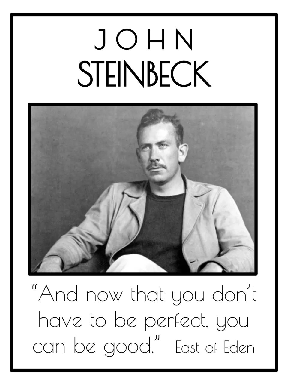 John Steinbeck author poster: black-and-white portrait with a quote from East of Eden for students to read and discuss