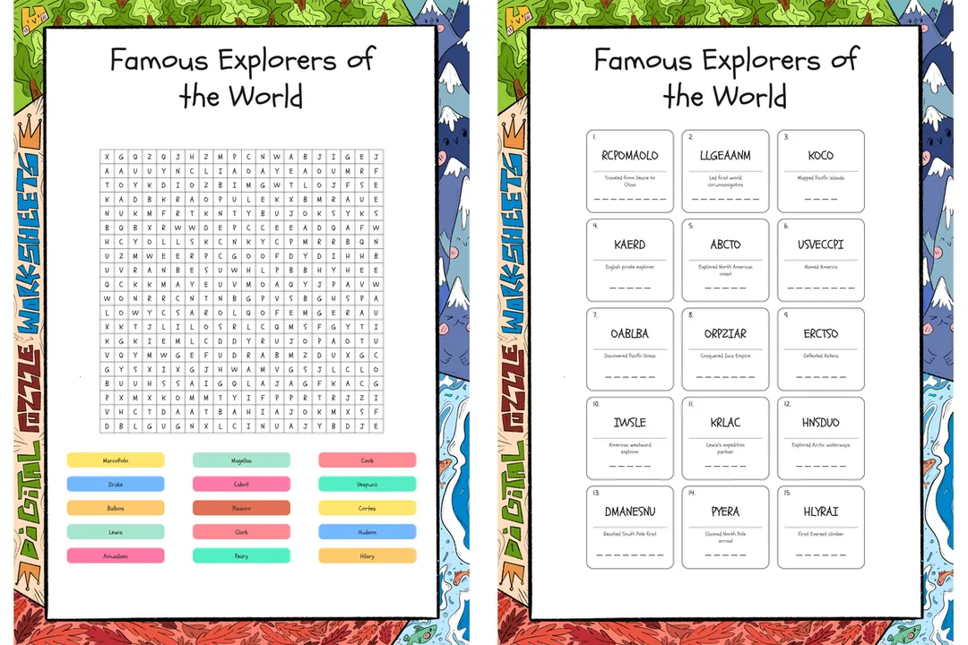 Famous Explorers of the World word search, scramble and crossword – cover