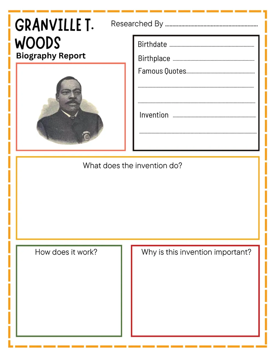 Granville T. Woods biography report: students record birthdate, birthplace, quotes, invention and explain how it works