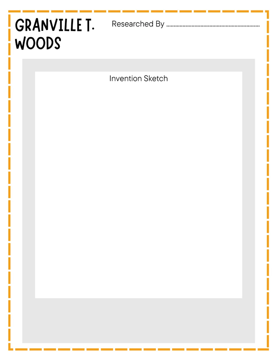 Granville T. Woods invention sketch: students draw the invention they researched, with a Researched By name line