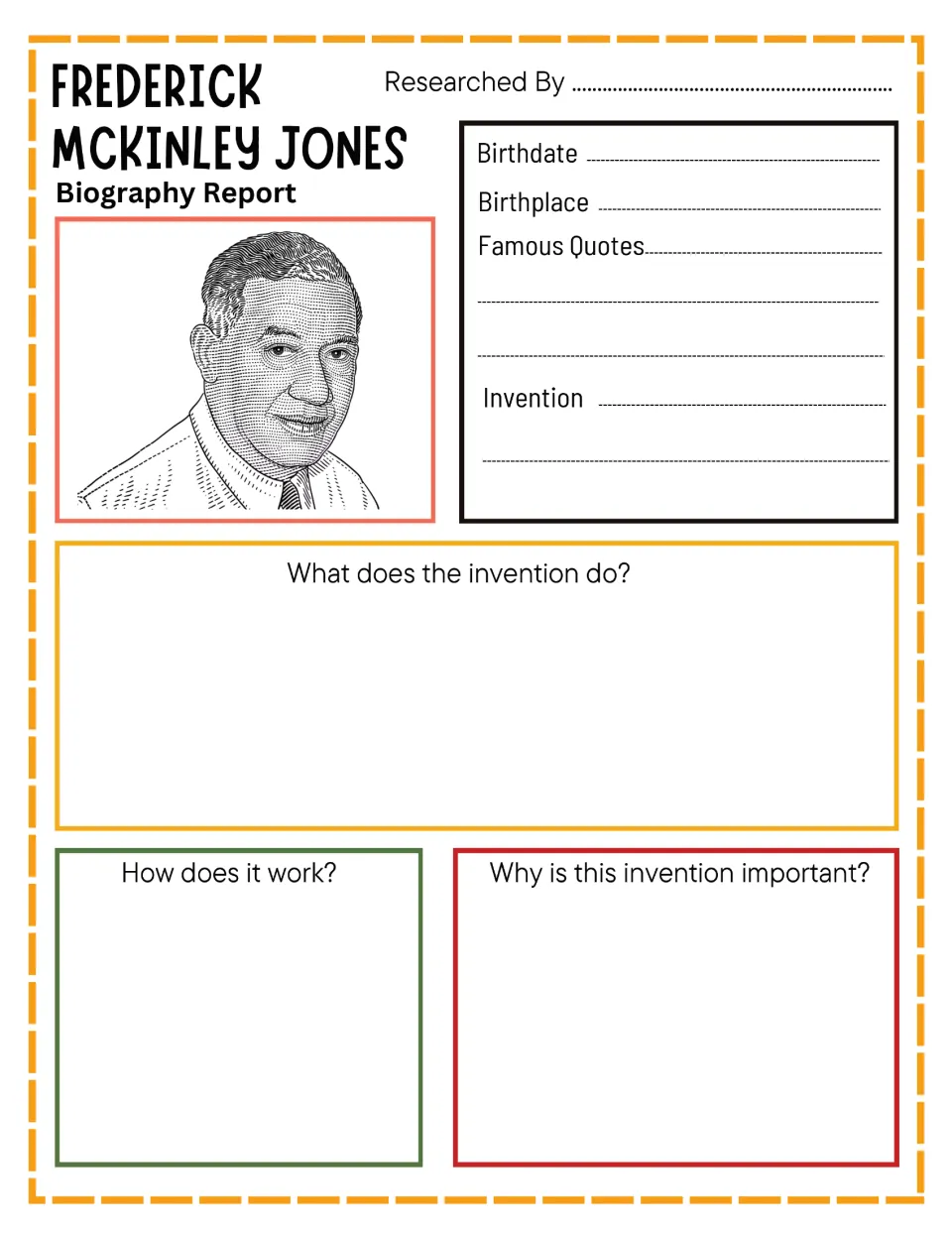 Frederick McKinley Jones biography report: students record birthdate, birthplace, quotes and what his invention does