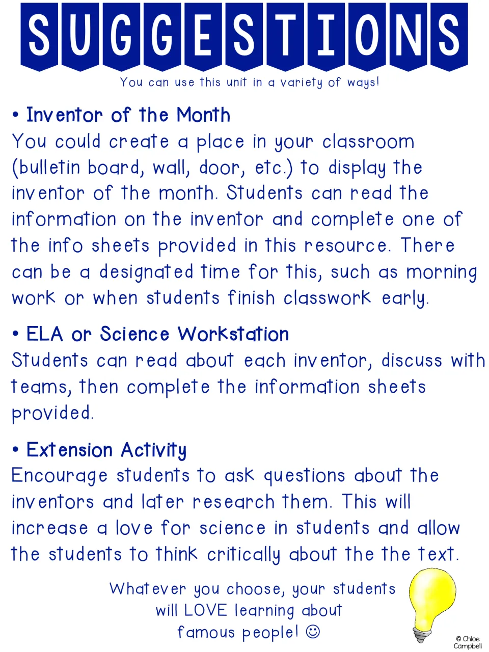 Teacher suggestions for the biography unit: Inventor of the Month, ELA or Science Workstation, and research