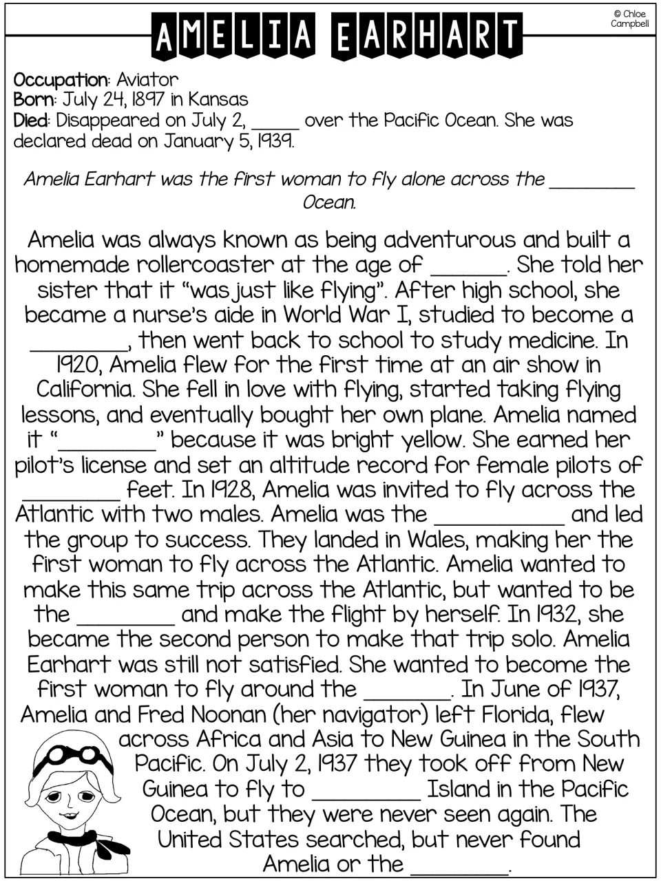 Amelia Earhart fill-in-the-blank biography covering her early life, flying records, and disappearance